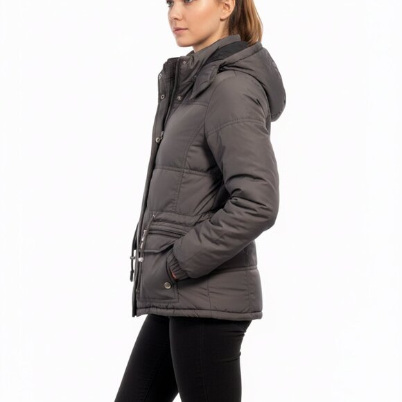 WOMEN Gray Padded Hooded Winter Jacket Sz(S) - Quilted Drawstring "Love Me Now" - Picture 6 of 10